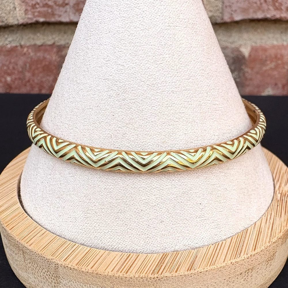 J. Crew Gold Tone Mint Green Enamel Geometric Pattern Thin‎ Bangle Bracelet